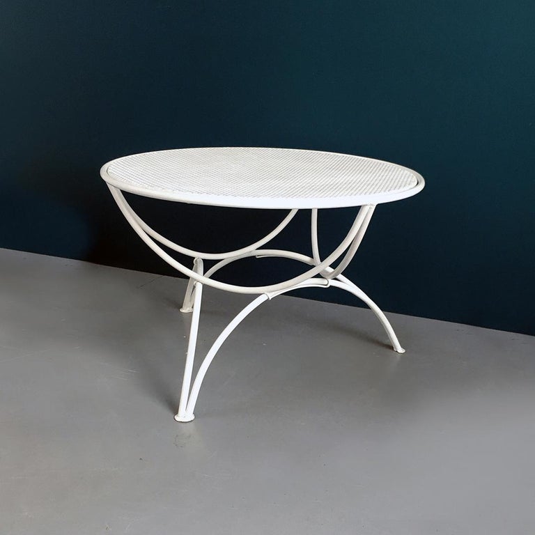 Italian Midcentury White Metal Outdoor Table with Perforated Round Top