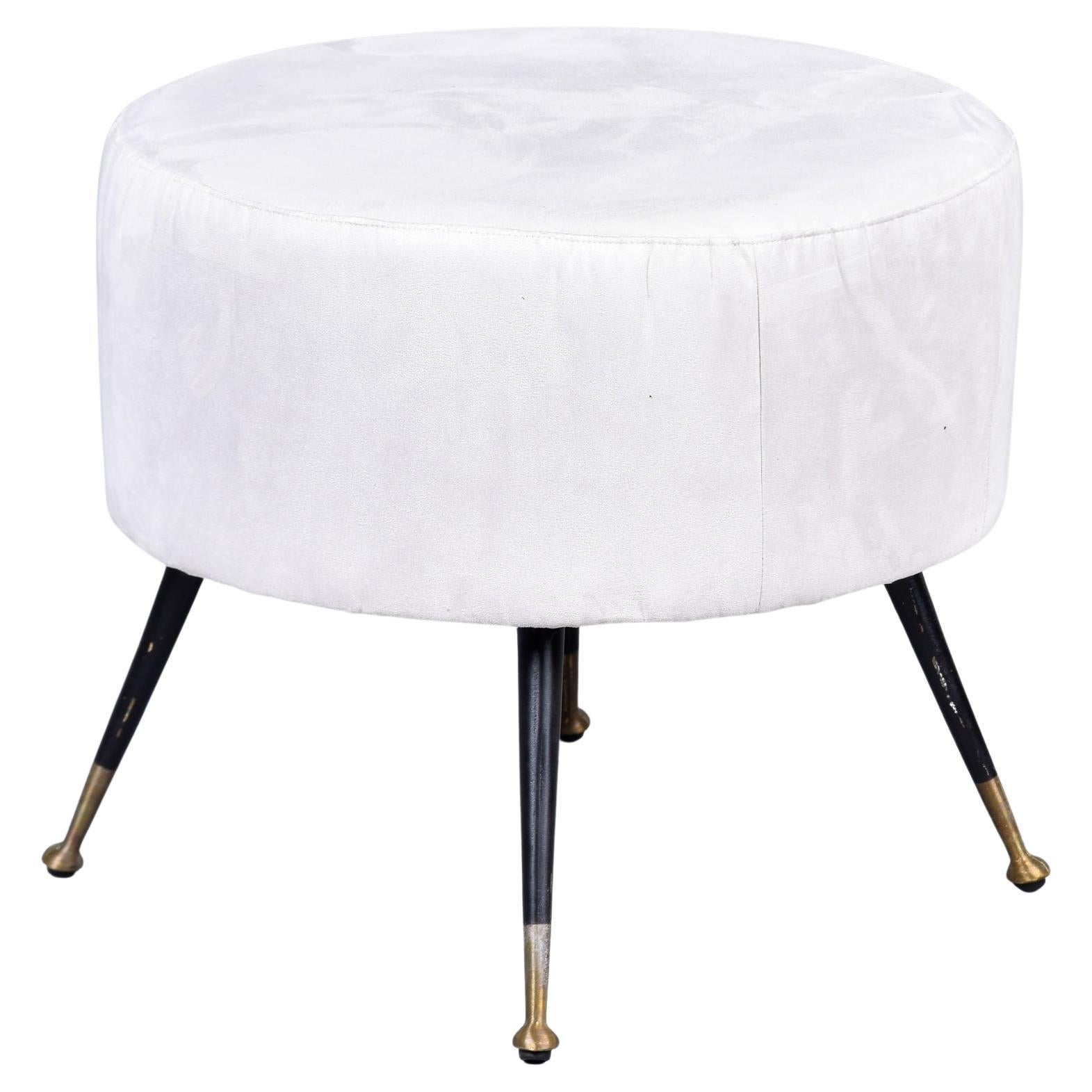 Italian Mid Century White Round Stool with Brass Tipped Legs For Sale