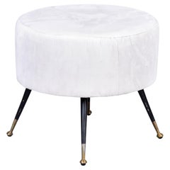 Retro Italian Mid Century White Round Stool with Brass Tipped Legs