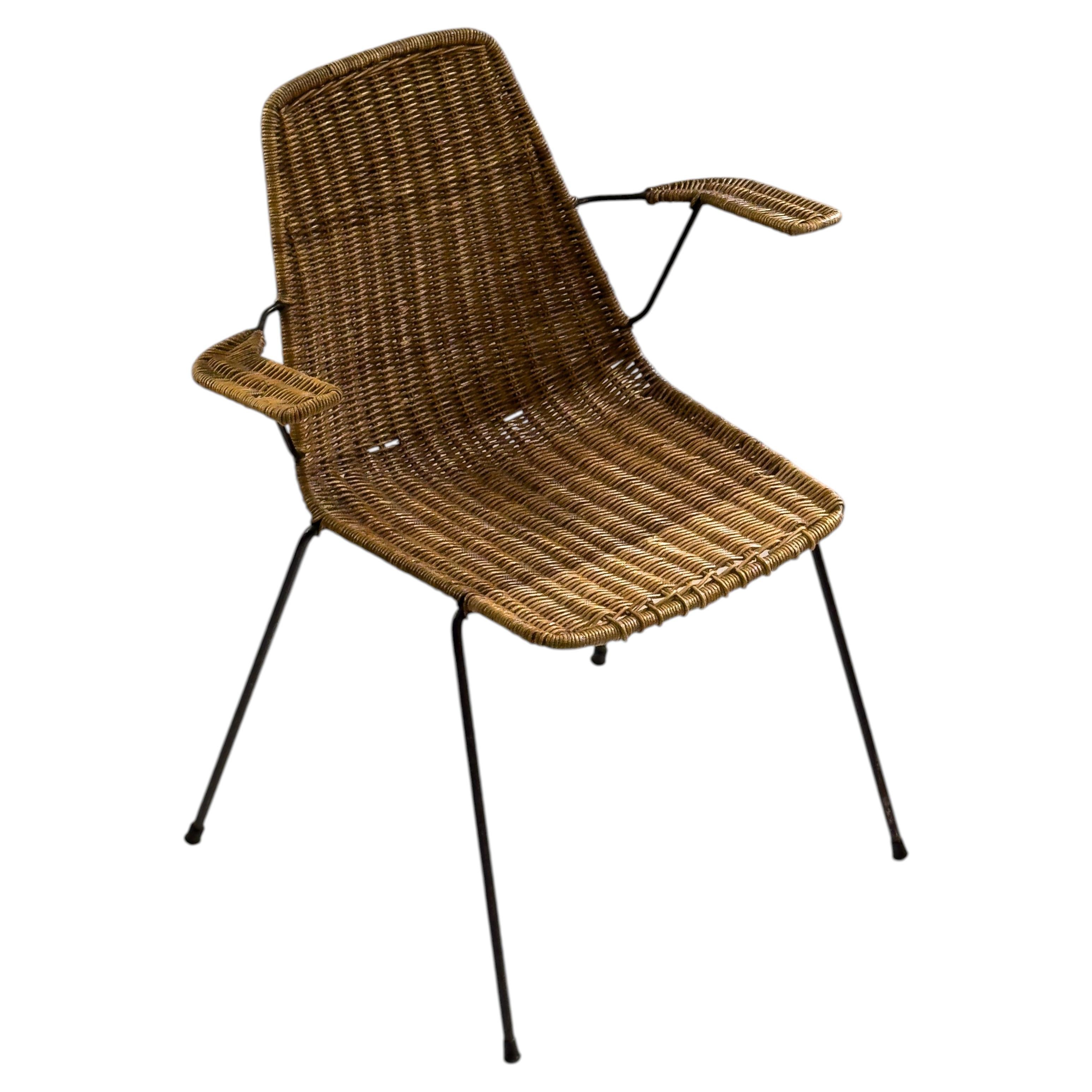 Italian Mid-Century Wicker and Iron Chair, Attributed to Gian Franco Legler