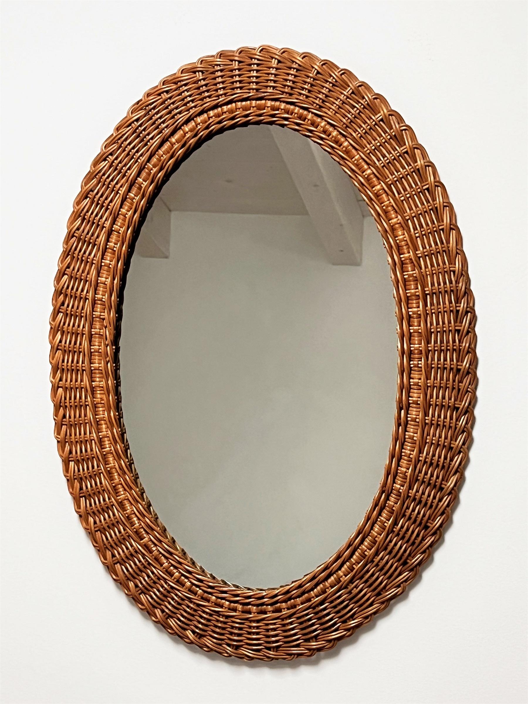 Hand-Crafted Italian Mid-Century Wicker Wall Mirror, 1970s