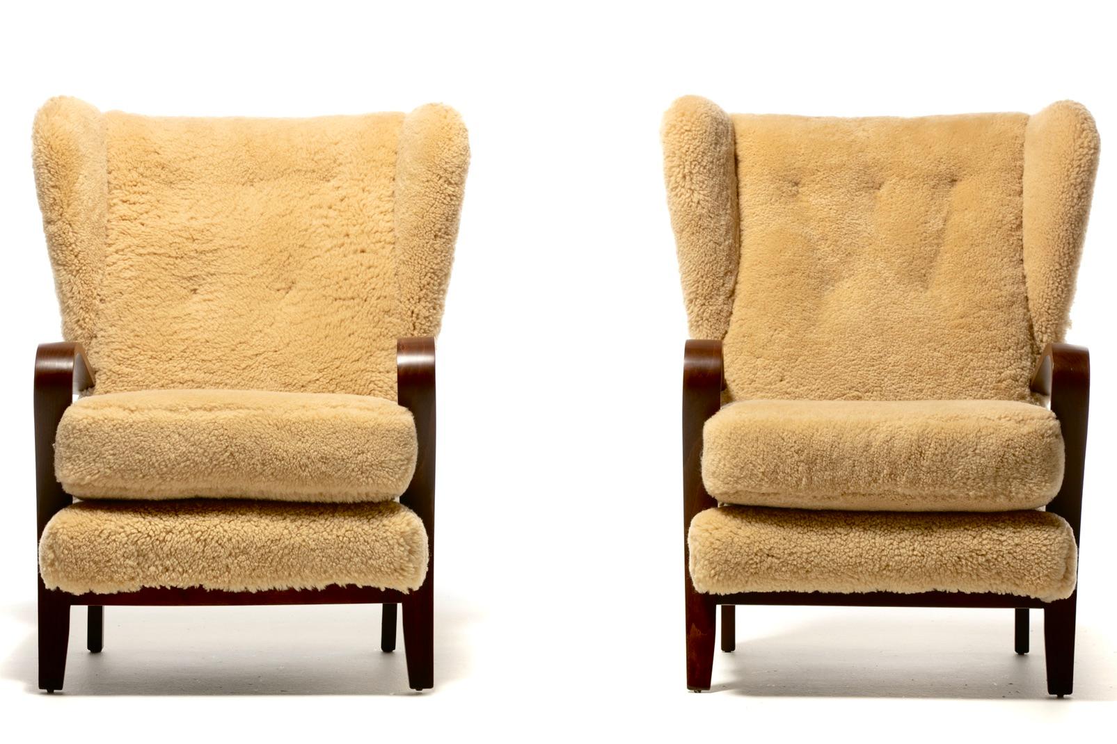 Fabulous early 1960s pair of Italian Wingback Chairs with bentwood arms in new hand sewn champagne shearling. Whether you're an experience collector or a buyer with a keen eye for stylish one of a kind pieces, this set of Italian Mid Century Modern