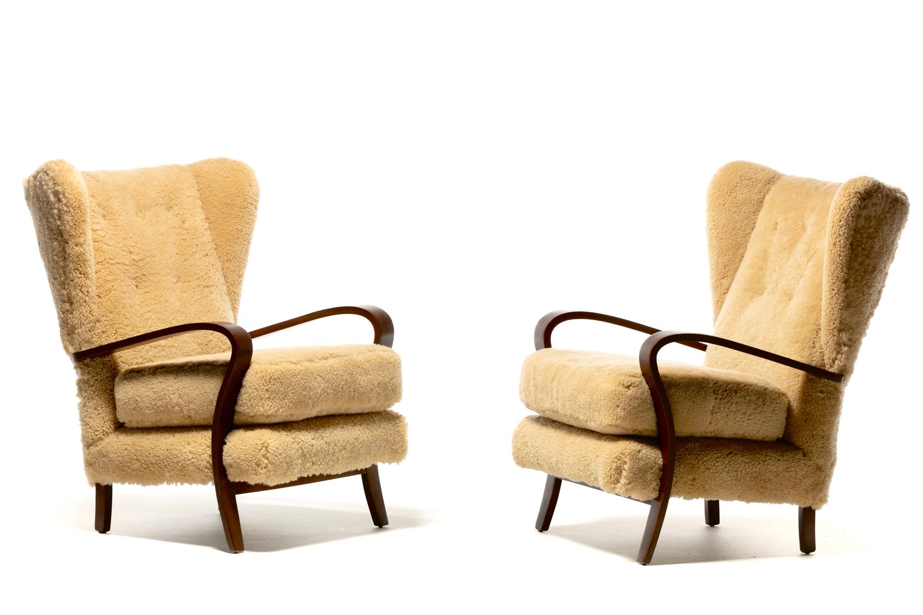 Mid-Century Modern Italian Mid Century Wingback Chairs in Hand Sewn Champagne Shearling c. 1960 For Sale