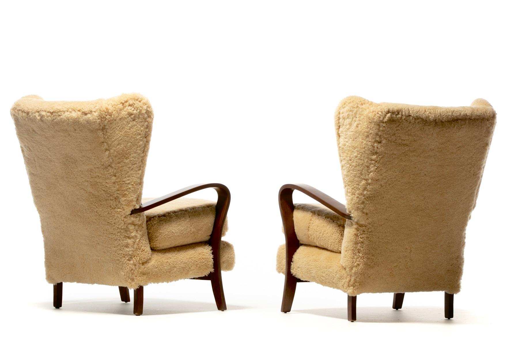 Mid-20th Century Italian Mid Century Wingback Chairs in Hand Sewn Champagne Shearling c. 1960 For Sale