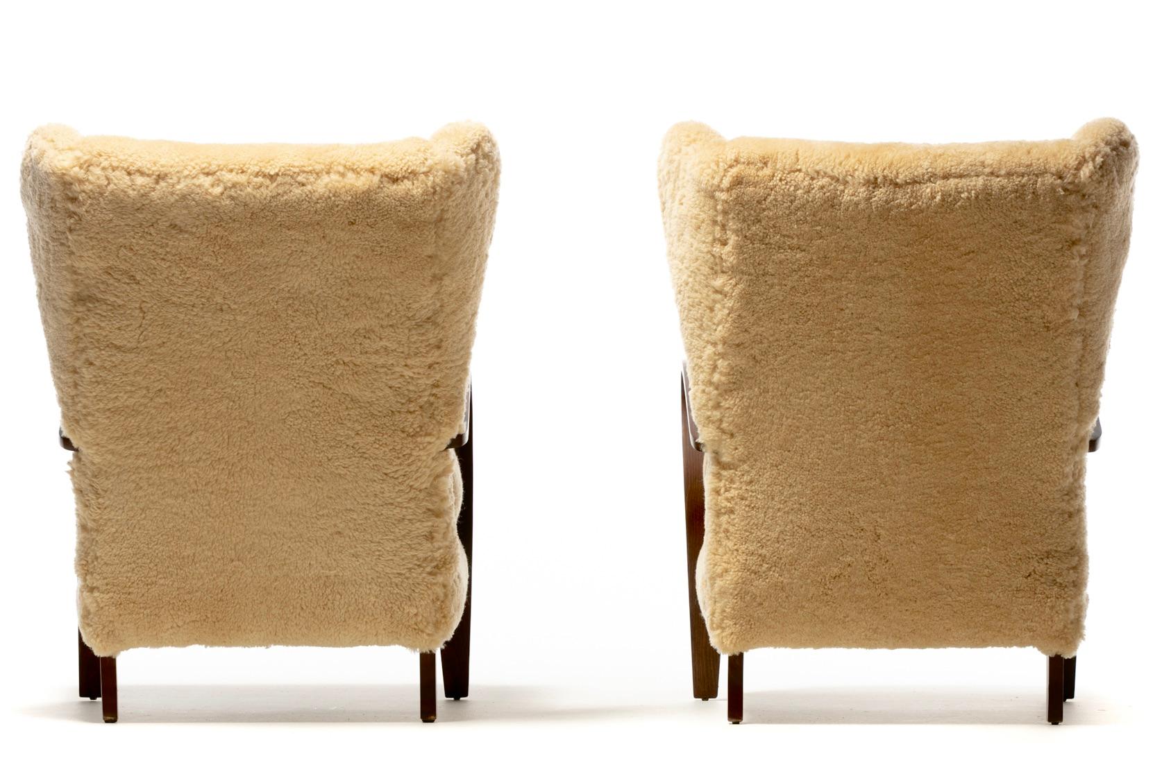 Hide Italian Mid Century Wingback Chairs in Hand Sewn Champagne Shearling c. 1960 For Sale