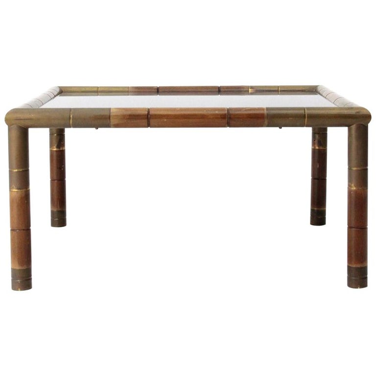 Italian Midcentury Wood and Brass Coffee Table, 1970s For Sale