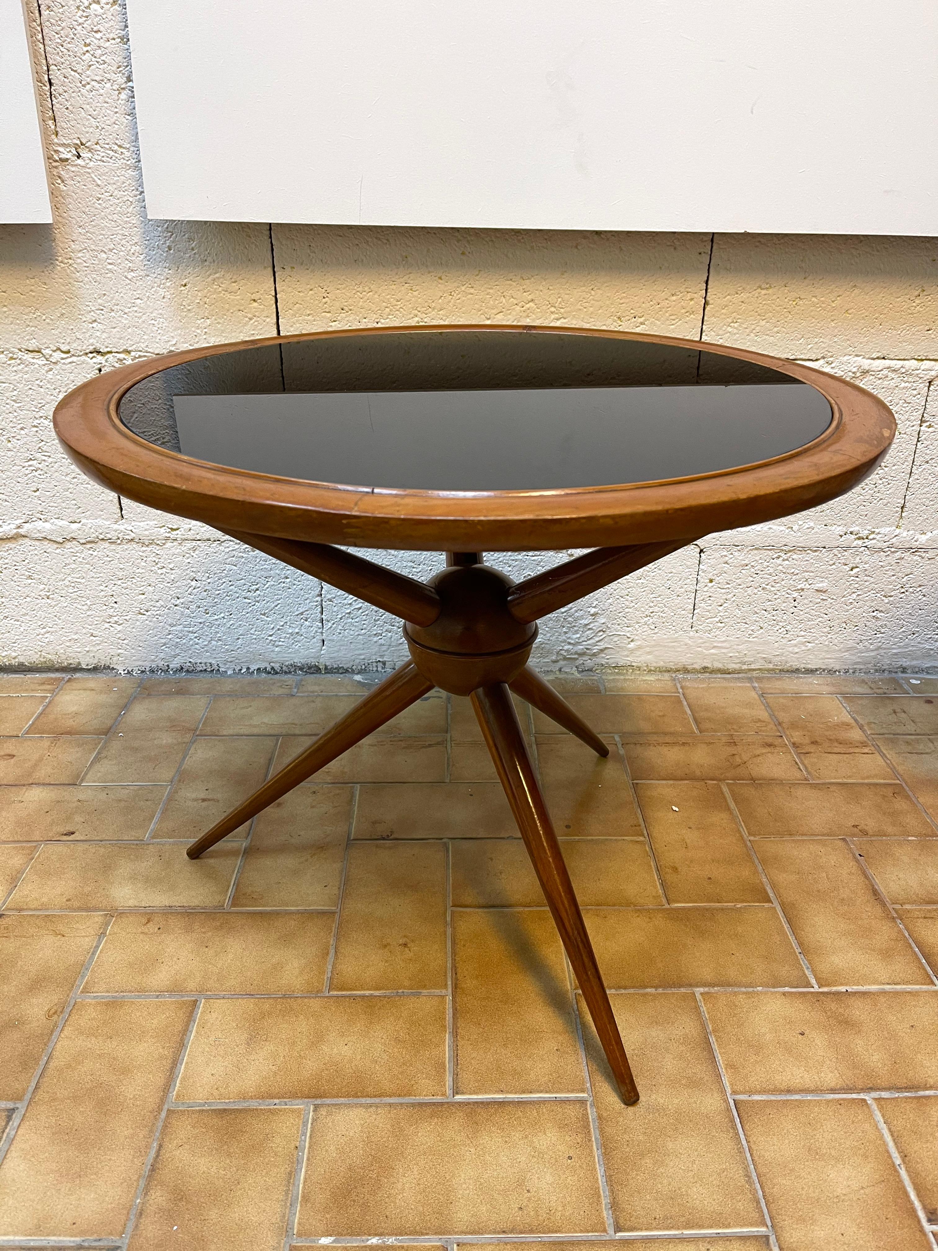 Italian Mid Century Wood and Opaline Glass Coffee Table, Italy, 1950s For Sale 2
