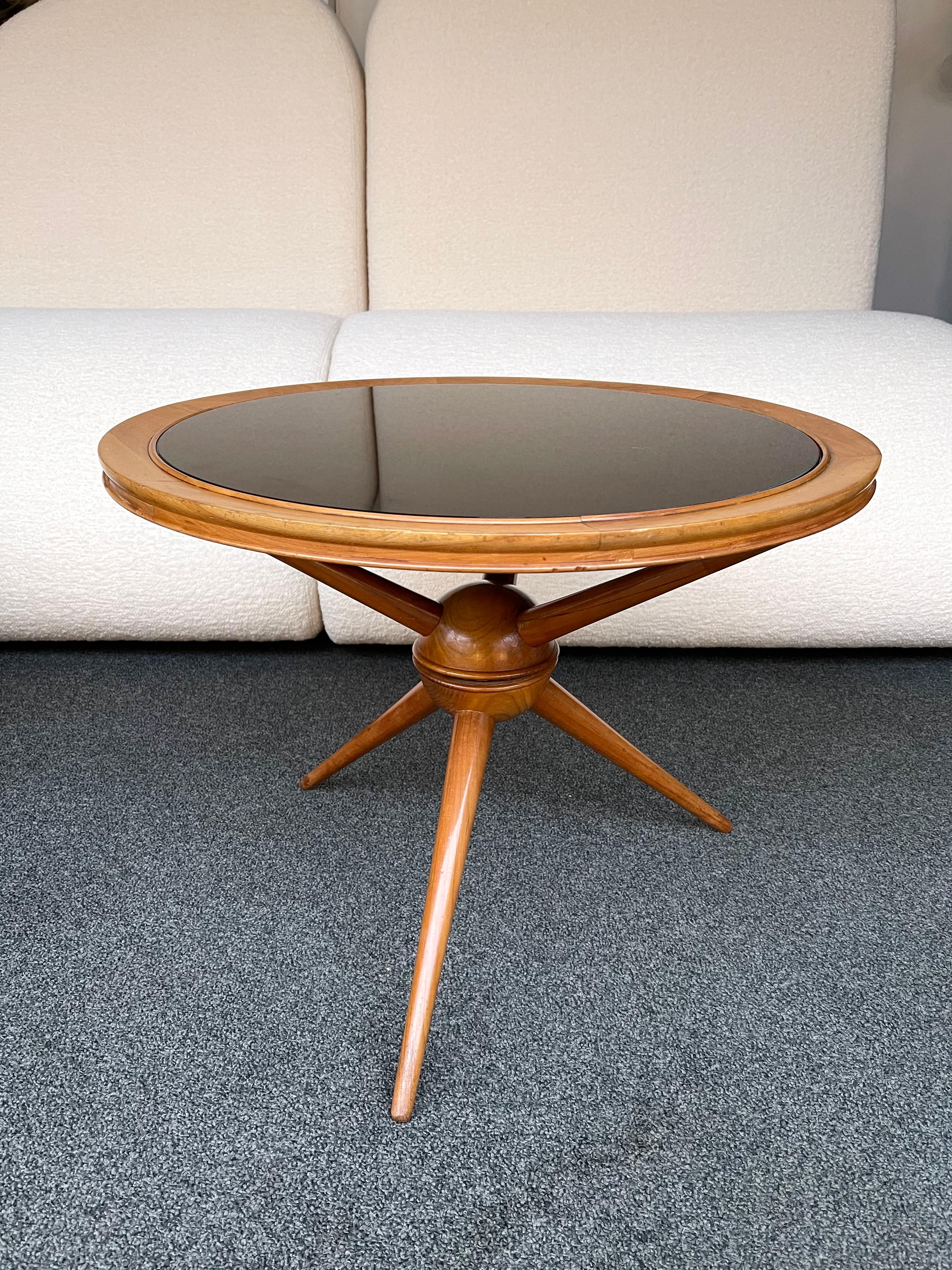 Italian Mid Century Wood and Opaline Glass Coffee Table, Italy, 1950s 6