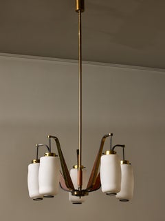 Italian Mid Century Wood, Brass and Opaline Chandelier