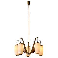 Italian Mid Century Wood, Brass and Opaline Chandelier