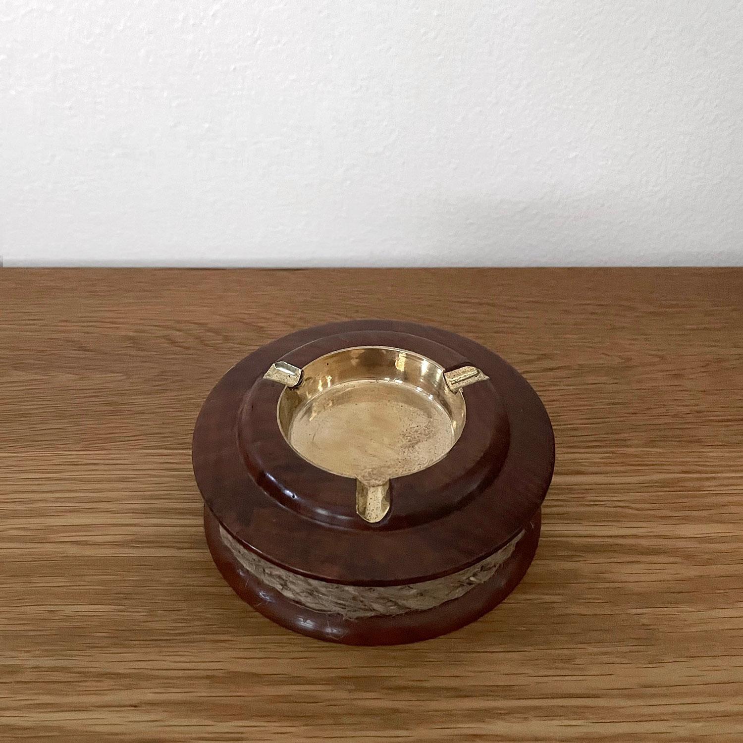 Mid-20th Century Italian Mid Century Wood & Brass Ashtray with Rope Banding  For Sale