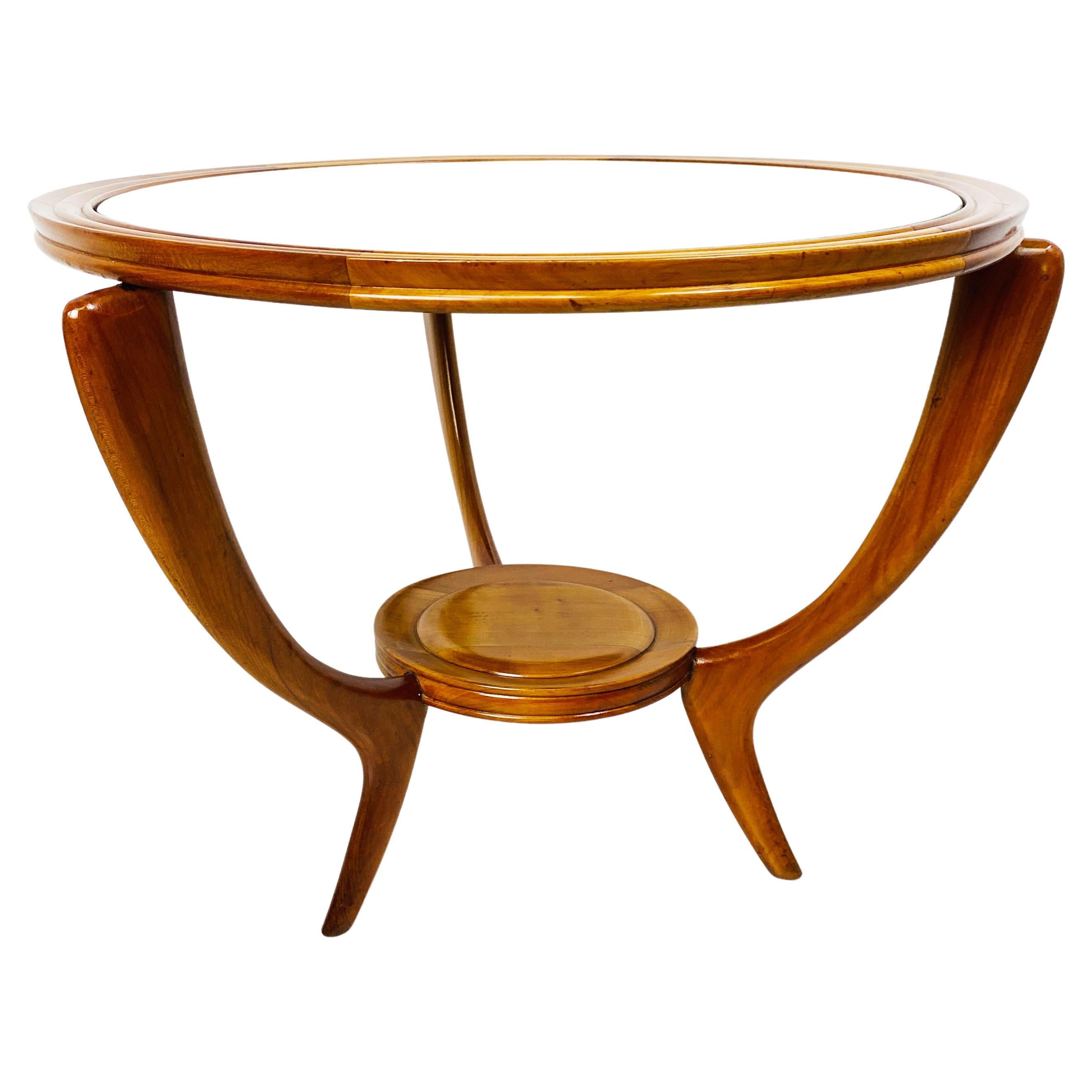 Italian Mid-Century Wood Round Table with Mirror, 1950s For Sale