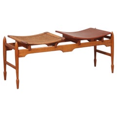 Panchina italiana di metà secolo in legno con corda di sisal e seduta in pelle color cognac - anni '60