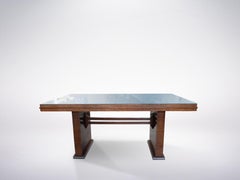 Italian Mid-Century Wooden Desk with Blue Glass Table Top, 1950s