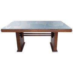 Italian Mid-Century Wooden Desk with Blue Glass Table Top, 1950s