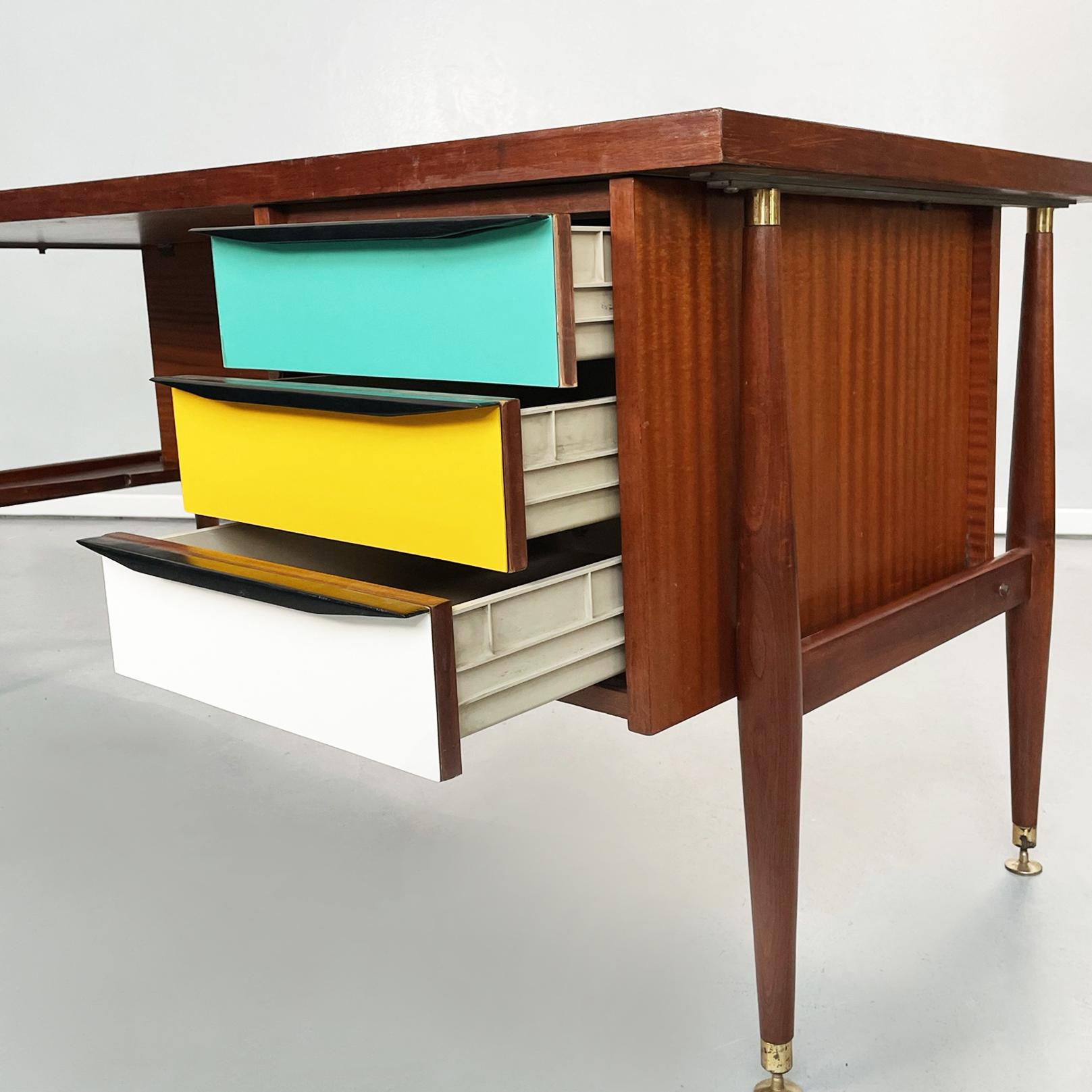 Italian Mid-Century Wooden Desk with Brass and Plastic Drawers by Schirolli 1970 1