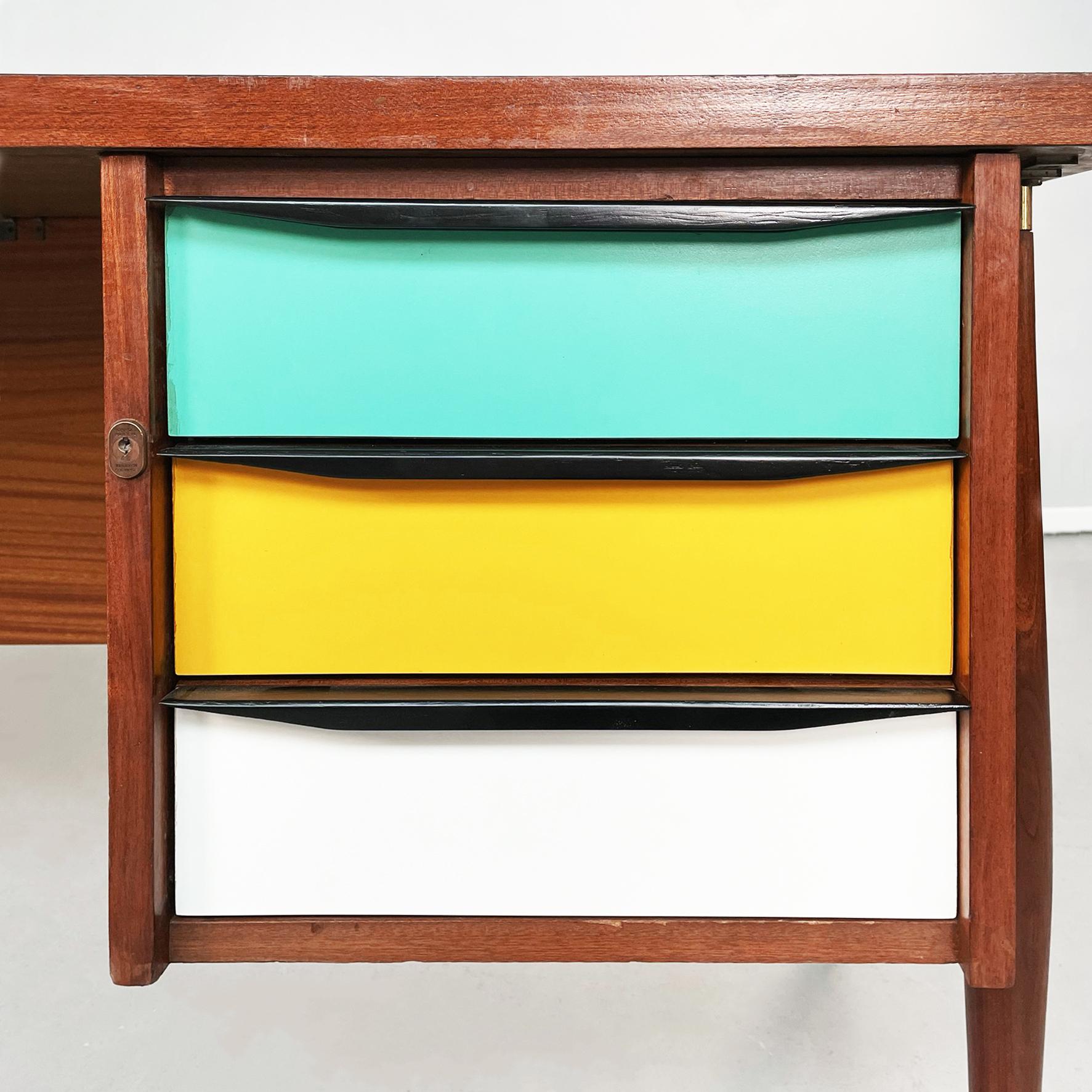 Italian Mid-Century Wooden Desk with Brass and Plastic Drawers by Schirolli 1970 2