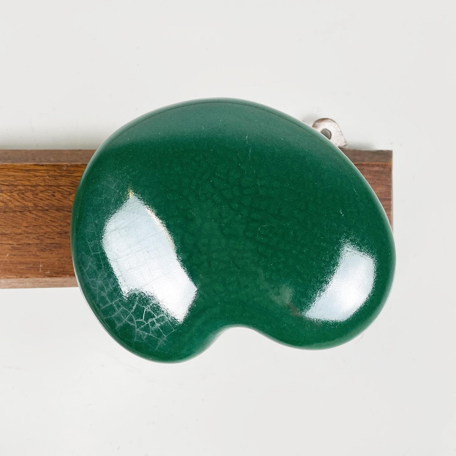Mid-20th Century Italian Mid-Century Wooden Wall Hanger with Hooks in Green Yellow Ceramic, 1960s