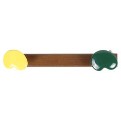 Italian Mid-Century Wooden Wall Hanger with Hooks in Green Yellow Ceramic, 1960s