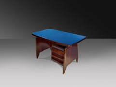 Vittorio Dassi Italian Mid-Century Writing Desk with Blue Glass Top, 1950s
