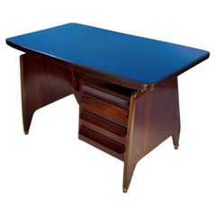 Vittorio Dassi Italian Mid-Century Writing Desk with Blue Glass Top, 1950s