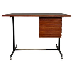 Retro Italian Mid Century Writing Desk in Black Metal, Teak and Black Linoleum, 1950