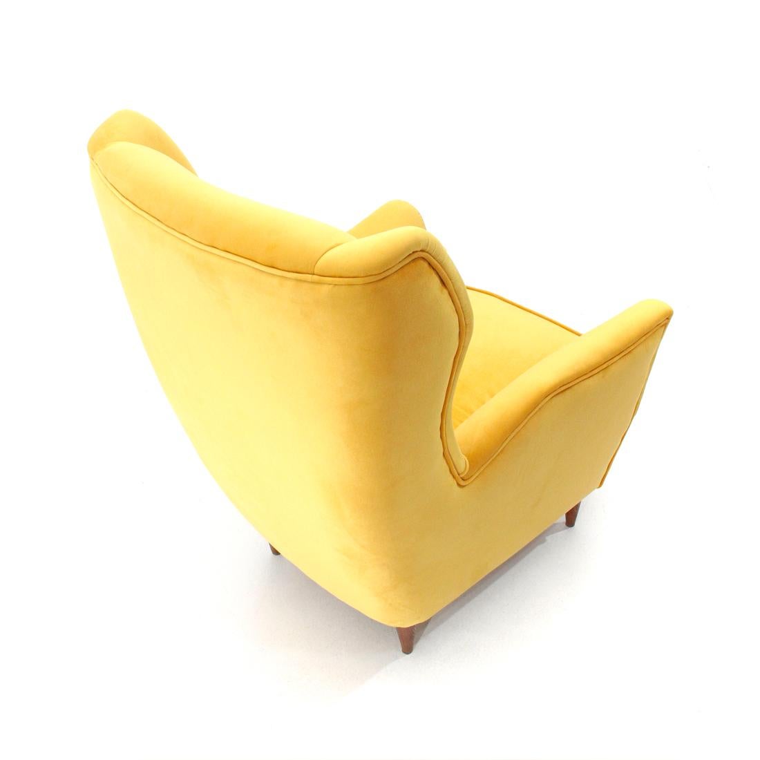 Wood Italian Midcentury Yellow Velvet Armchair, 1950s
