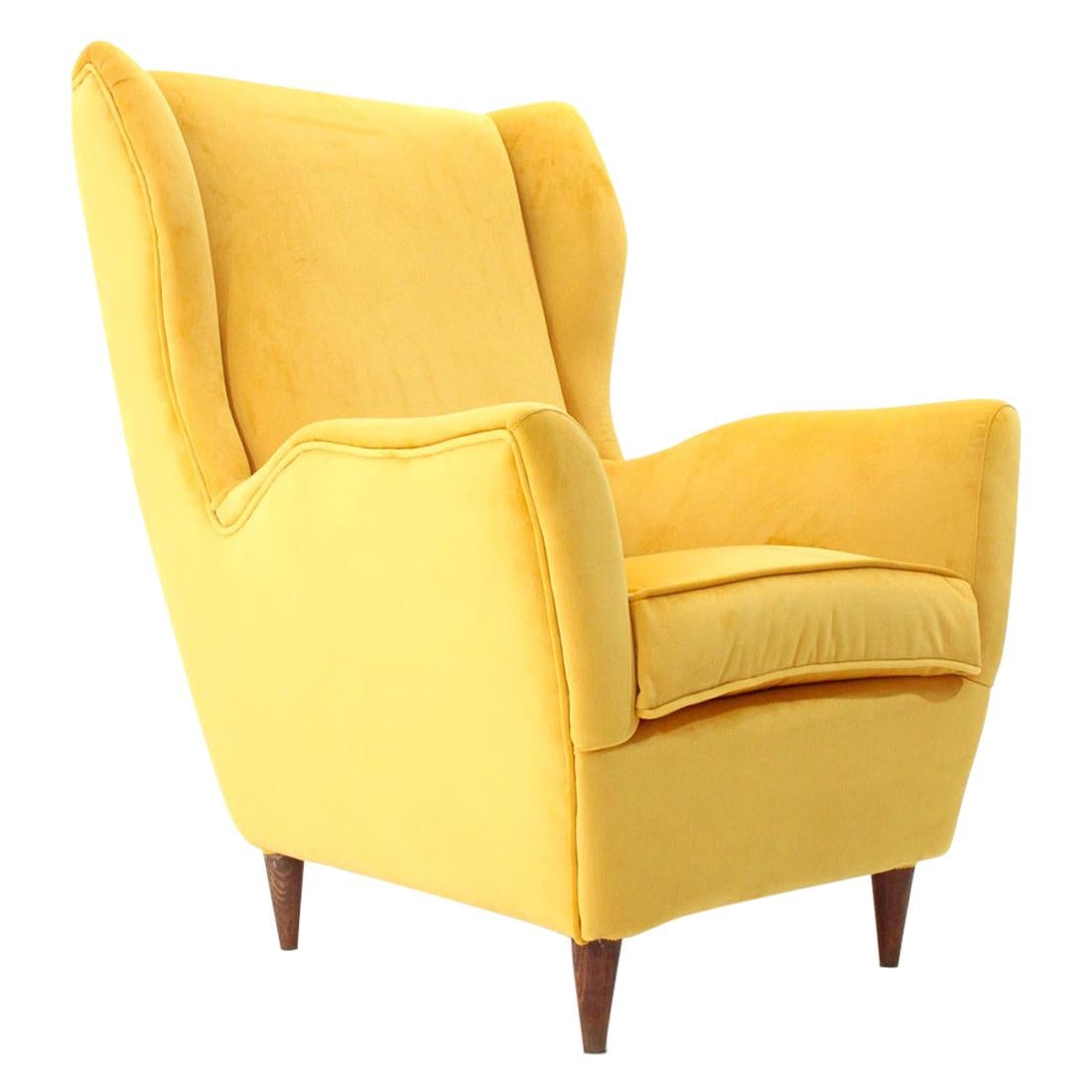 Italian Midcentury Yellow Velvet Armchair, 1950s