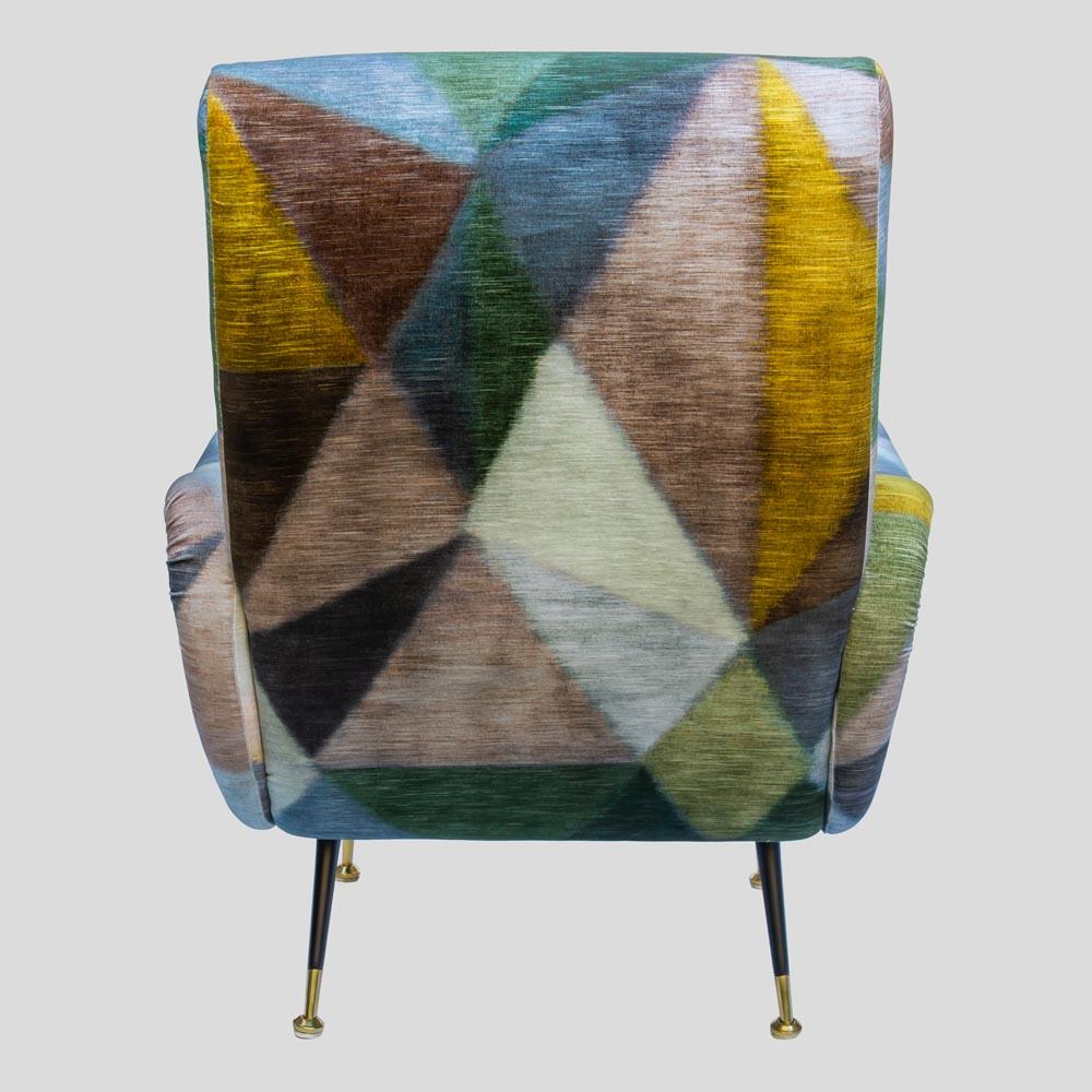 Metal Italian Mid-Century Zanuso Style Armchair in Multicolor Geometric Pattern For Sale