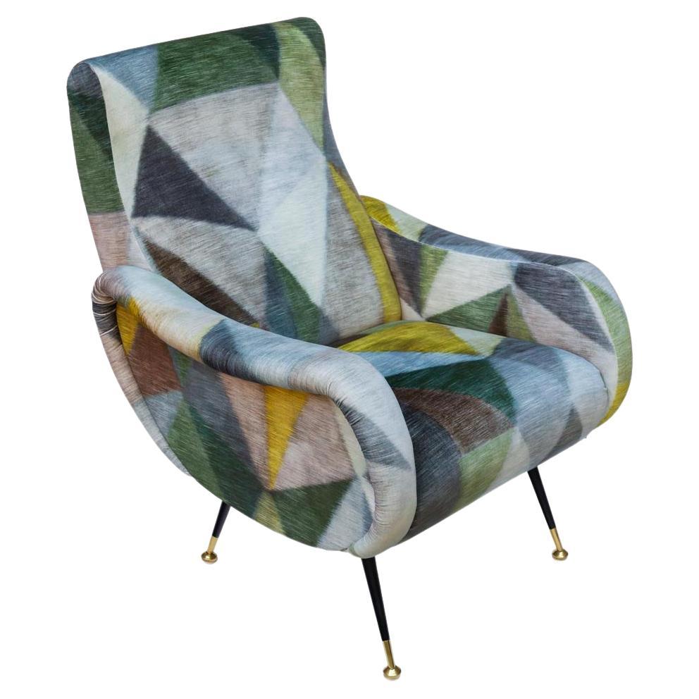 Italian Mid-Century Zanuso Style Armchair in Multicolor Geometric Pattern For Sale