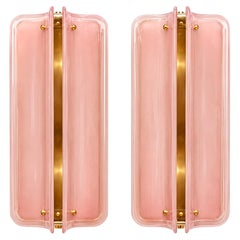 Italian Mid Modern Style Brass Wall Sconces With Pink Murano Glass Panels