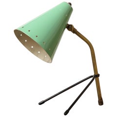 Italian Midcentury Adjustable Brass Desk Lamp with Mint Green Shade
