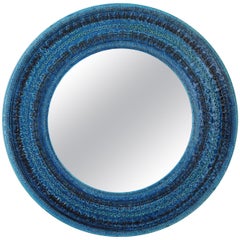 Italian Midcentury Aldo Londi Bitossi Rimini Blue Glazed Ceramic Round Mirror