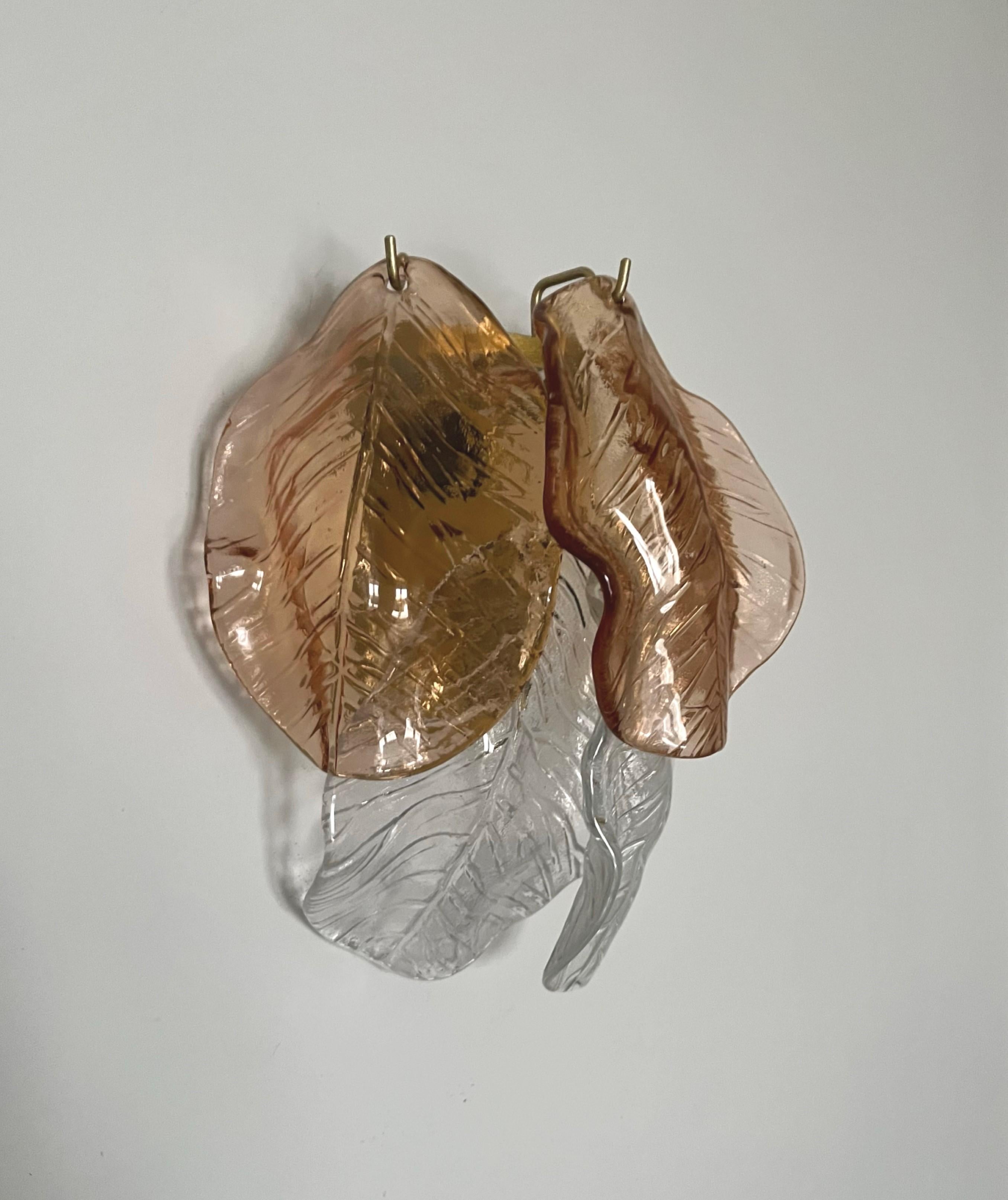 Italian Midcentury Pair of Amber Clear Murano Wall Sconces by Mazzega, 1970s 1