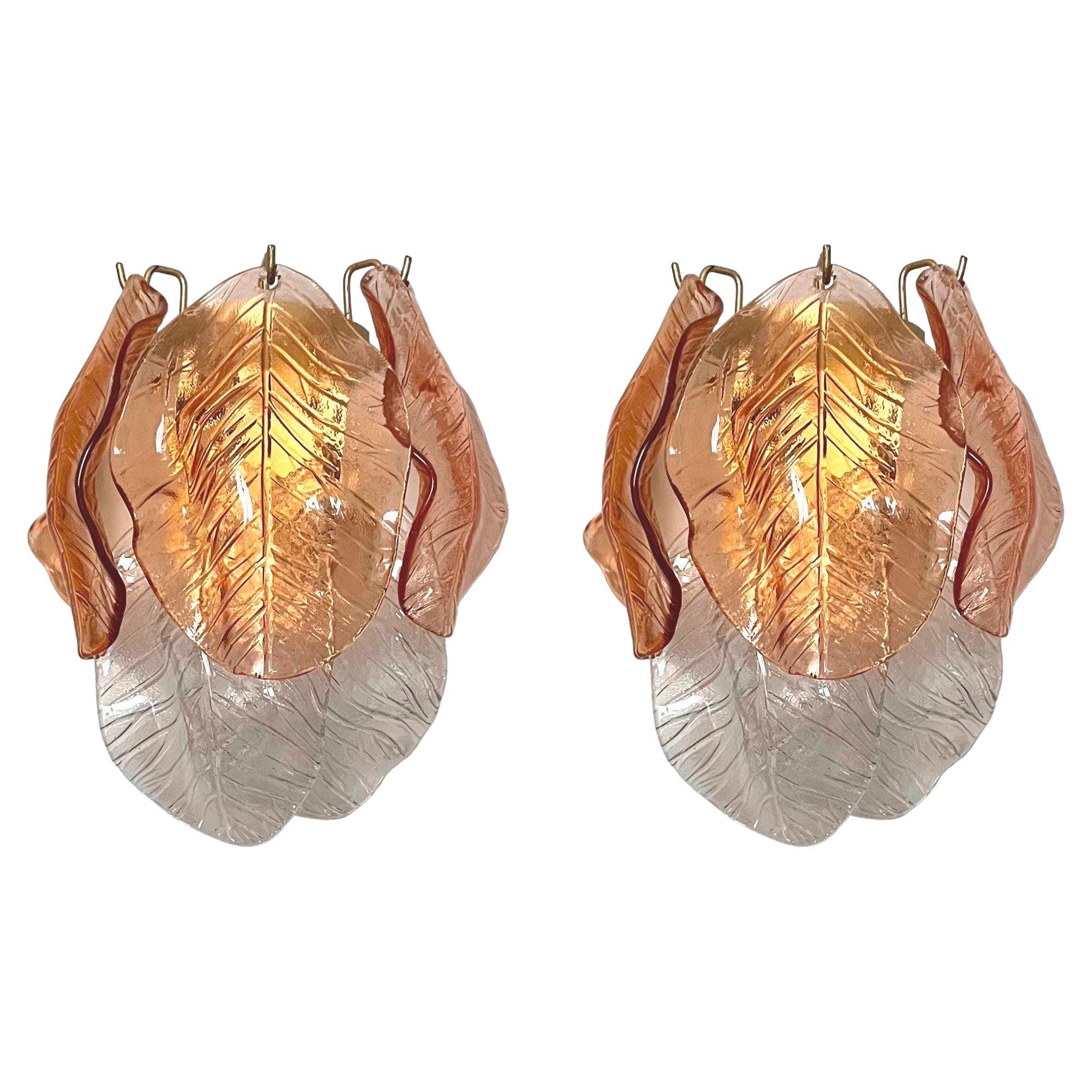 Italian Midcentury Pair of Amber Clear Murano Wall Sconces by Mazzega, 1970s