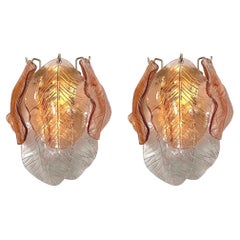 Italian Mid-Century Amber Clear Leaf Murano Wall Sconces, 1970s