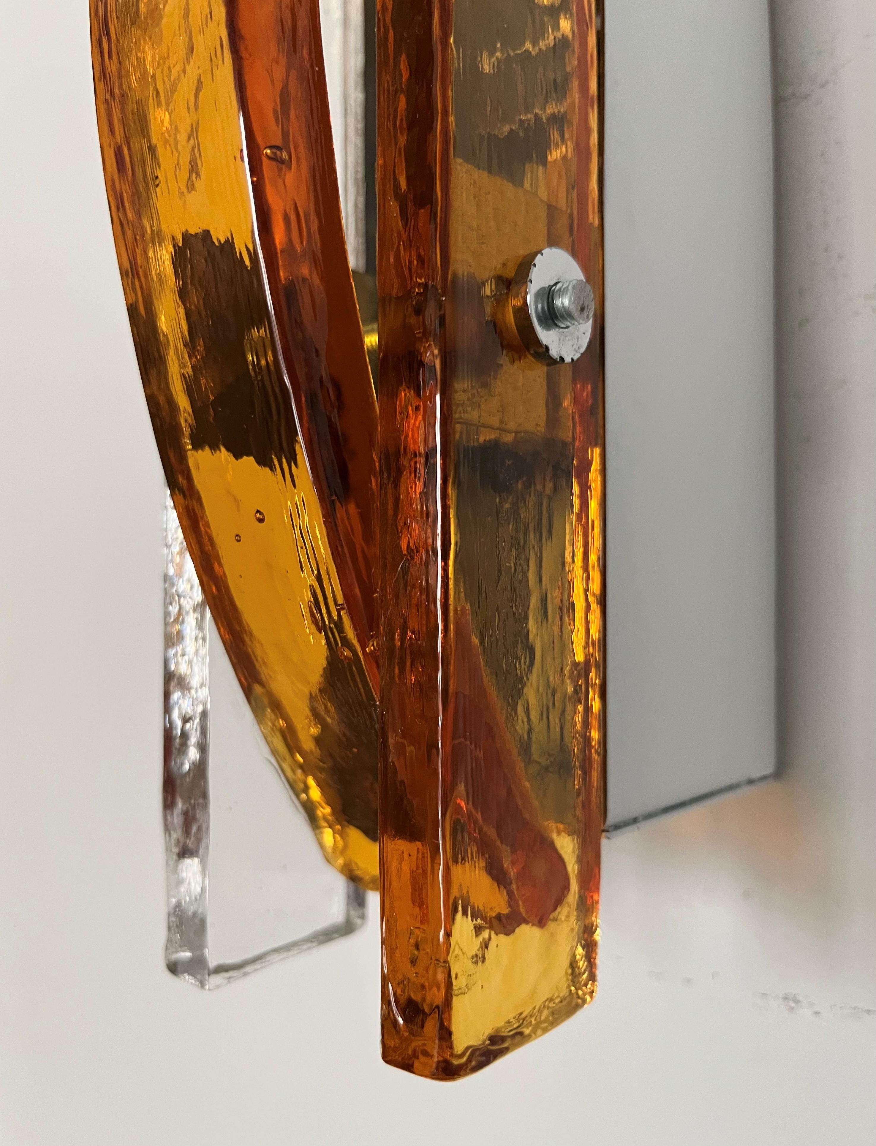 Mid-Century Modern Italian Midcentury Amber Clear Murano Glass Wall Sconces by Poliarte, 1970s For Sale