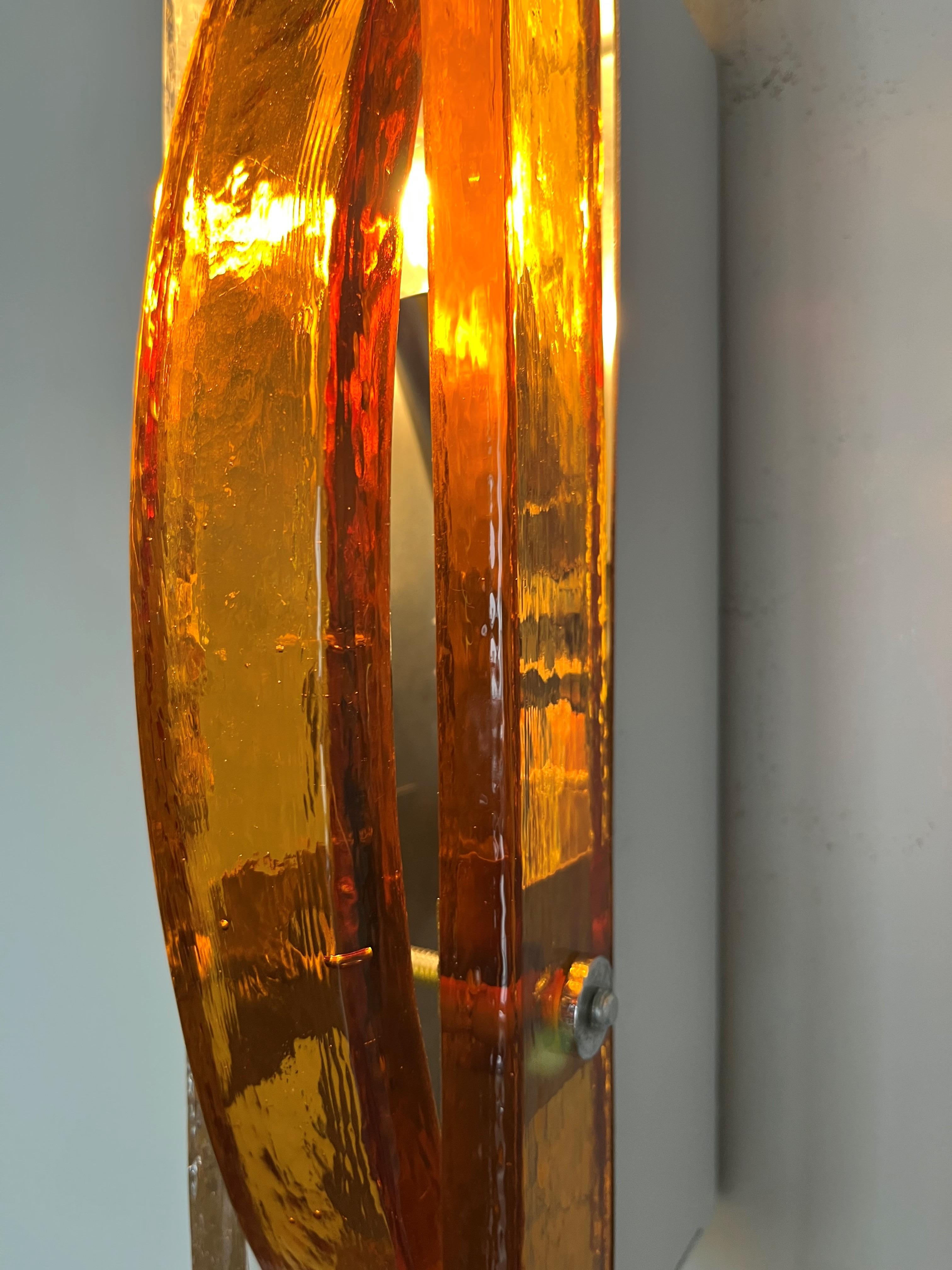 Italian Midcentury Amber Clear Murano Glass Wall Sconces by Poliarte, 1970s For Sale 1
