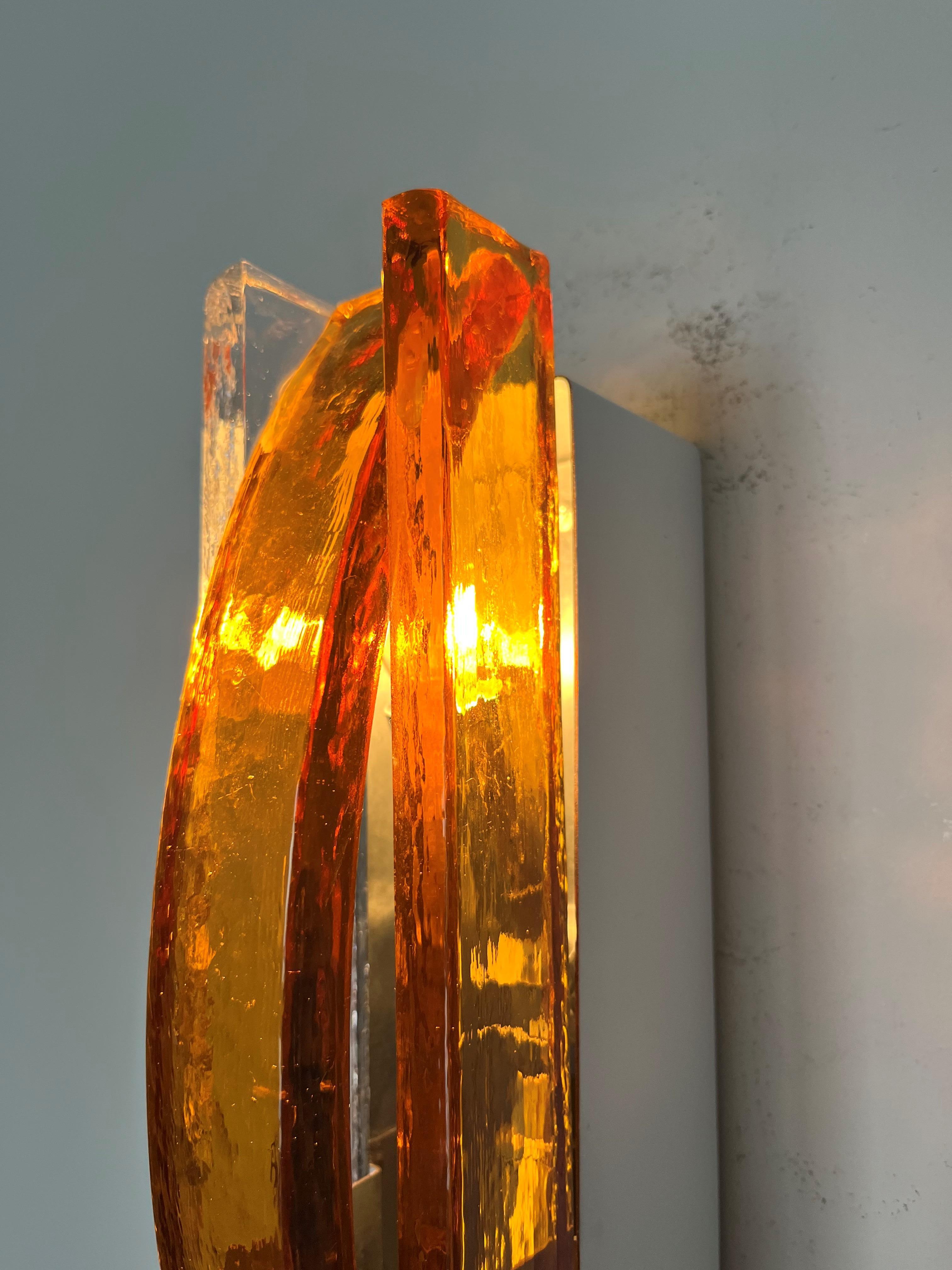 Italian Midcentury Amber Clear Murano Glass Wall Sconces by Poliarte, 1970s For Sale 3