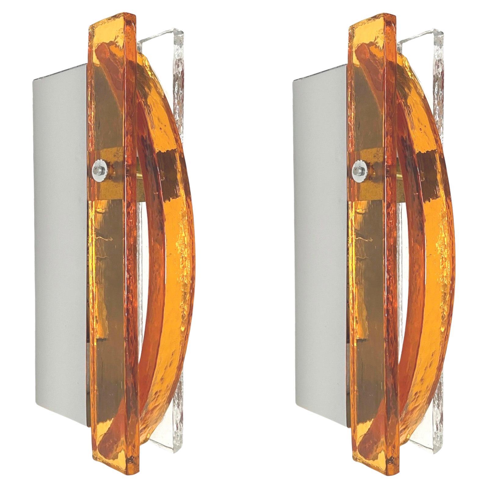 Italian Midcentury Amber Clear Murano Glass Wall Sconces by Poliarte, 1970s For Sale