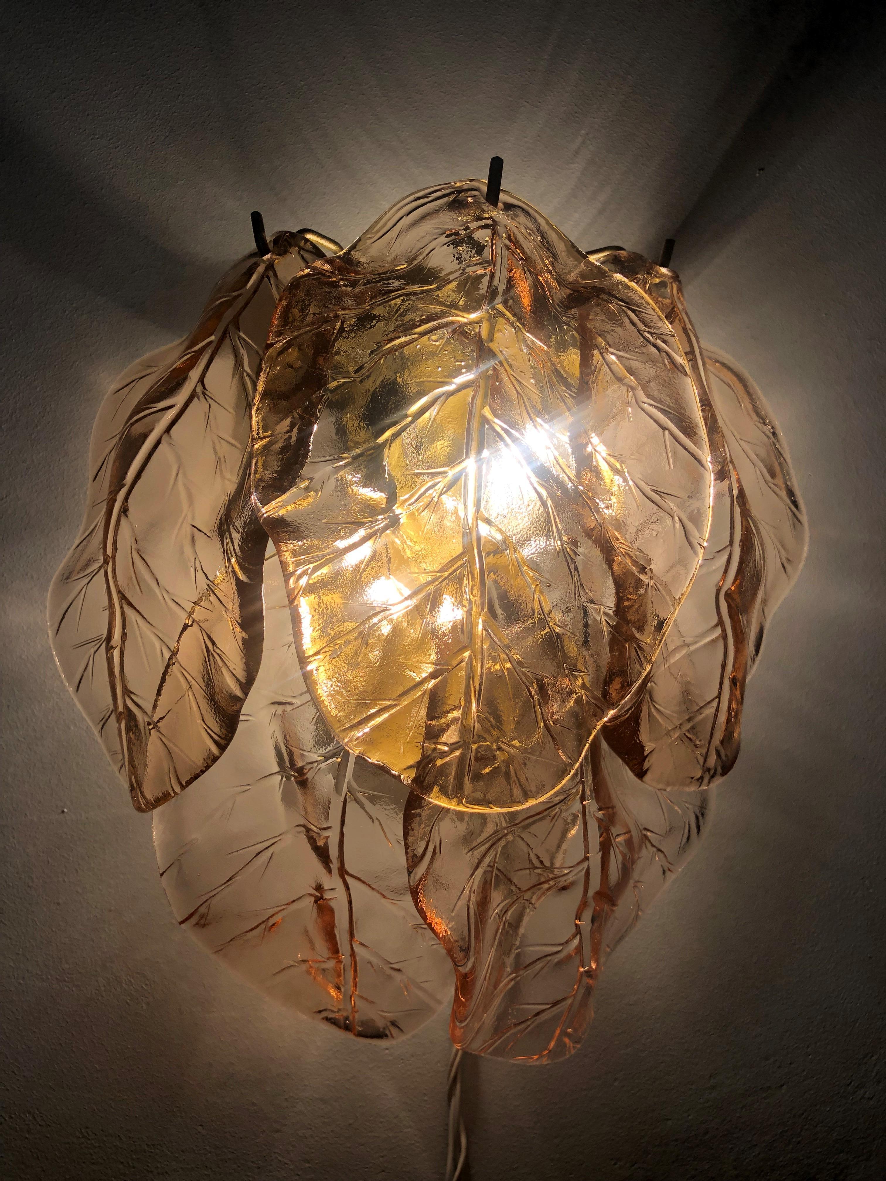 Mid-Century Modern Italian Midcentury Amber Leaf Murano Glass Wall Sconce, 1970s