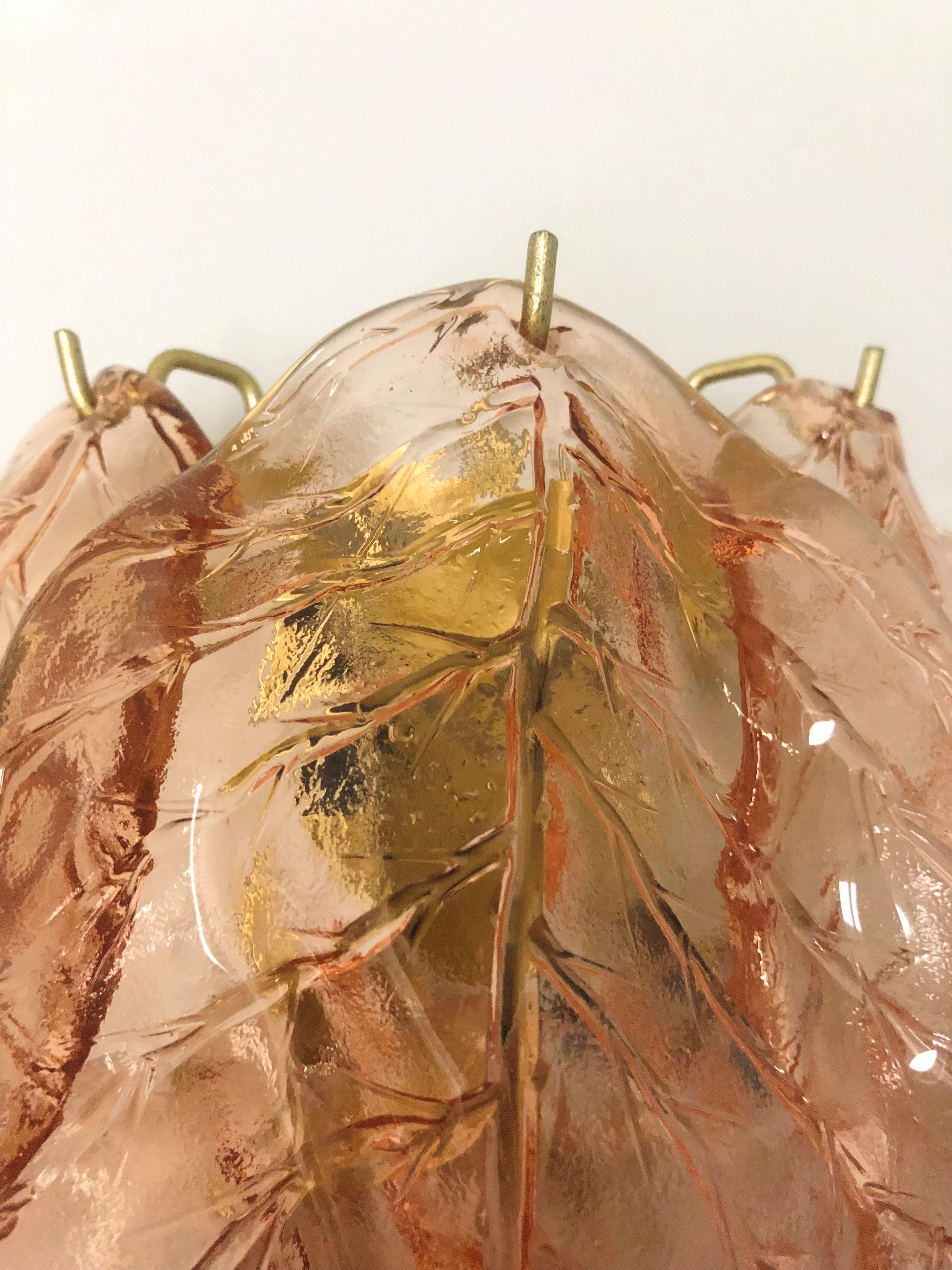 Brass Italian Midcentury Amber Leaf Murano Glass Wall Sconce, 1970s