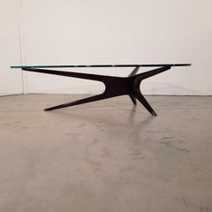 Italian Midcentury Amorphous Glass-Top Coffee Table with Brown Wood Leg, 1950s
