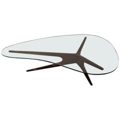 Italian Midcentury Amorphous Glass-Top Coffee Table with Brown Wood Leg, 1950s