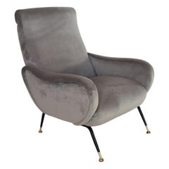 Italian Midcentury Armchair in Grey Velvet and Brass, 1950s