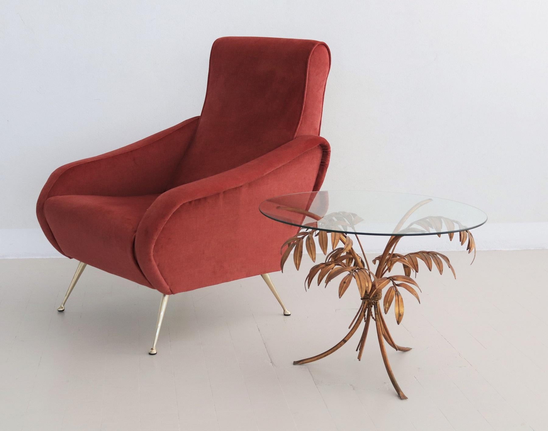 Italian Midcentury Armchair in Lobster Color Velvet and Brass Legs, 1950s 3