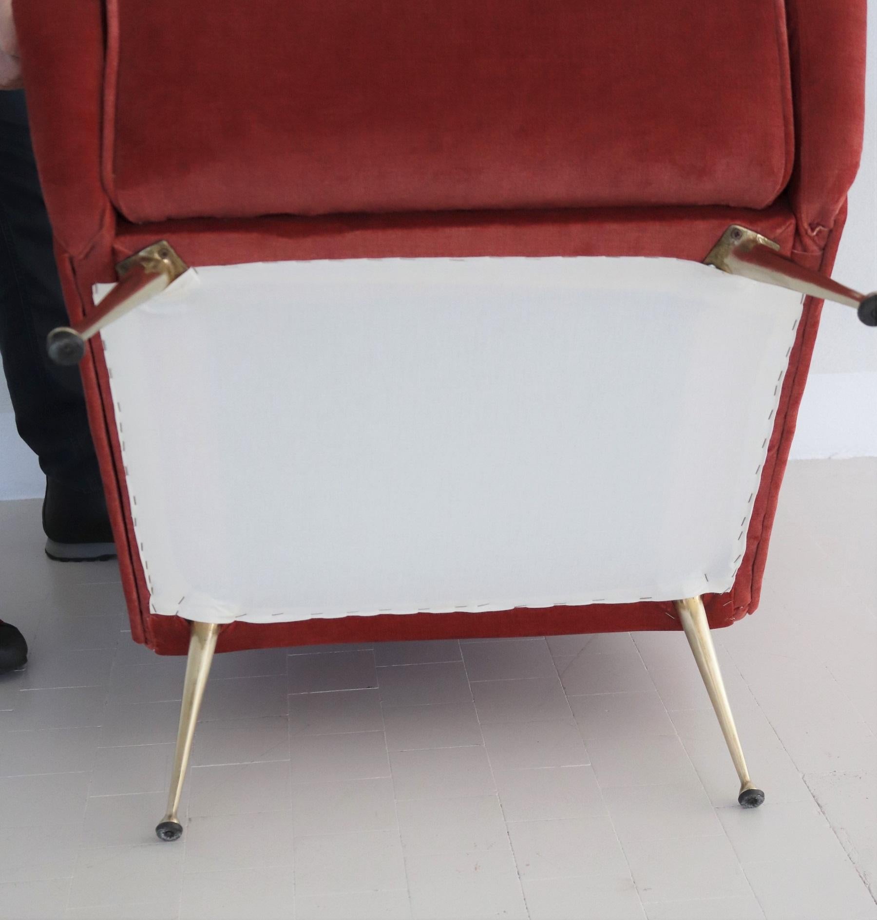 Italian Midcentury Armchair in Lobster Color Velvet and Brass Legs, 1950s 7