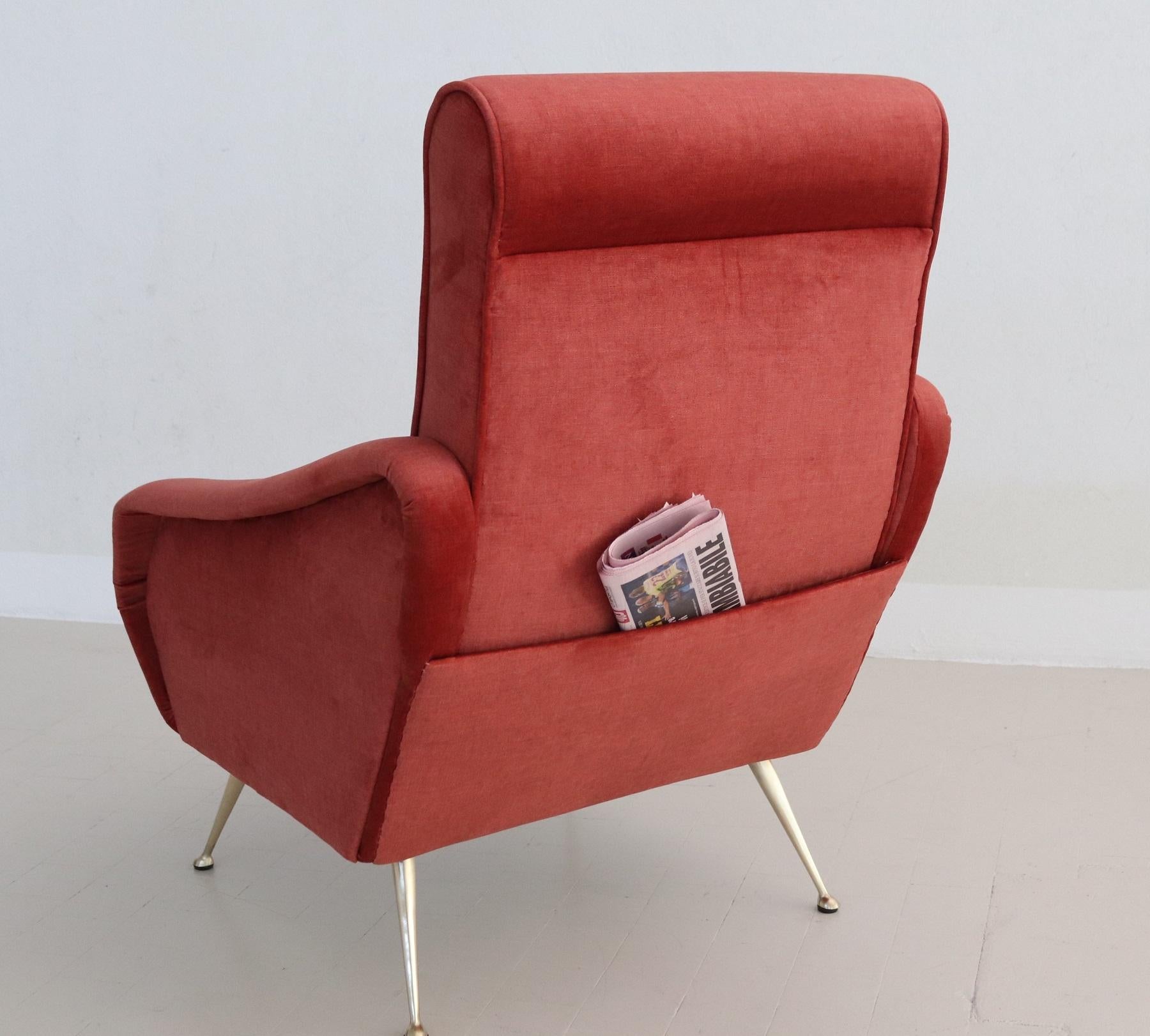 Polished Italian Midcentury Armchair in Lobster Color Velvet and Brass Legs, 1950s