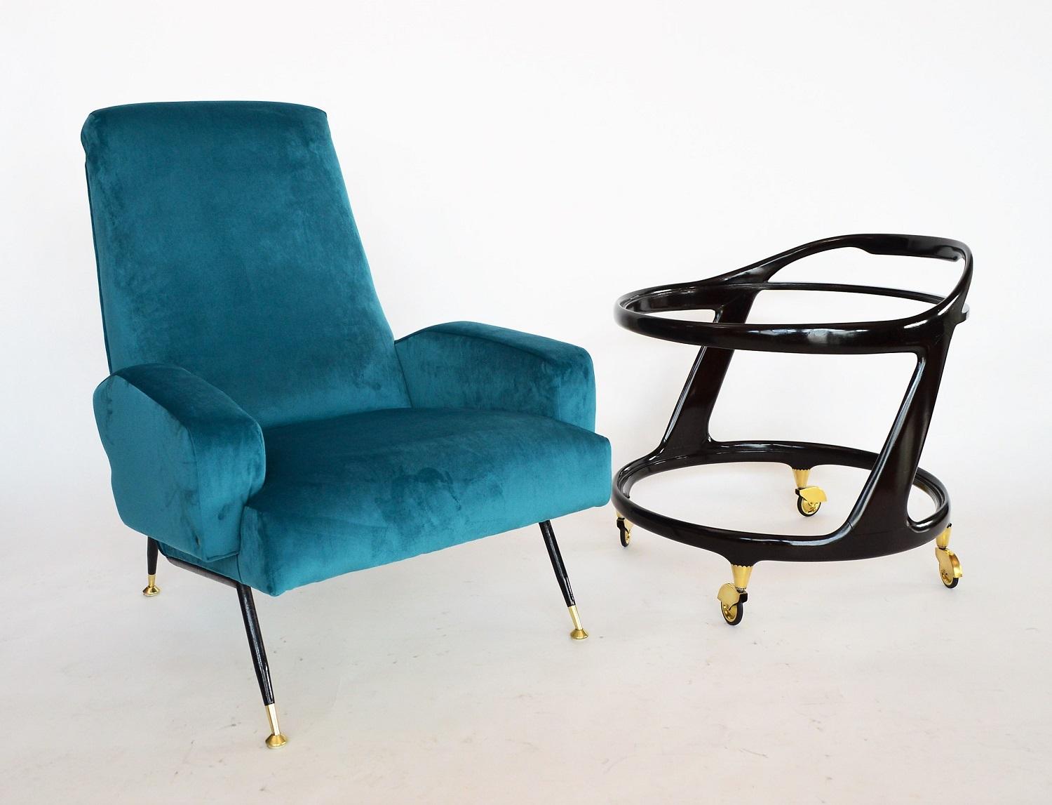 Polished Italian Midcentury Armchair in Petrol Velvet and Brass, 1950s