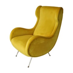 Italian Midcentury Armchair in Sunny Yellow Velvet and Brass Feet, 1950s